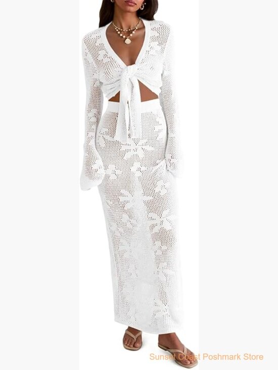 Other - Crochet Swim Cover Up Set V Neck Long Sleeve Wrap Tie Beach